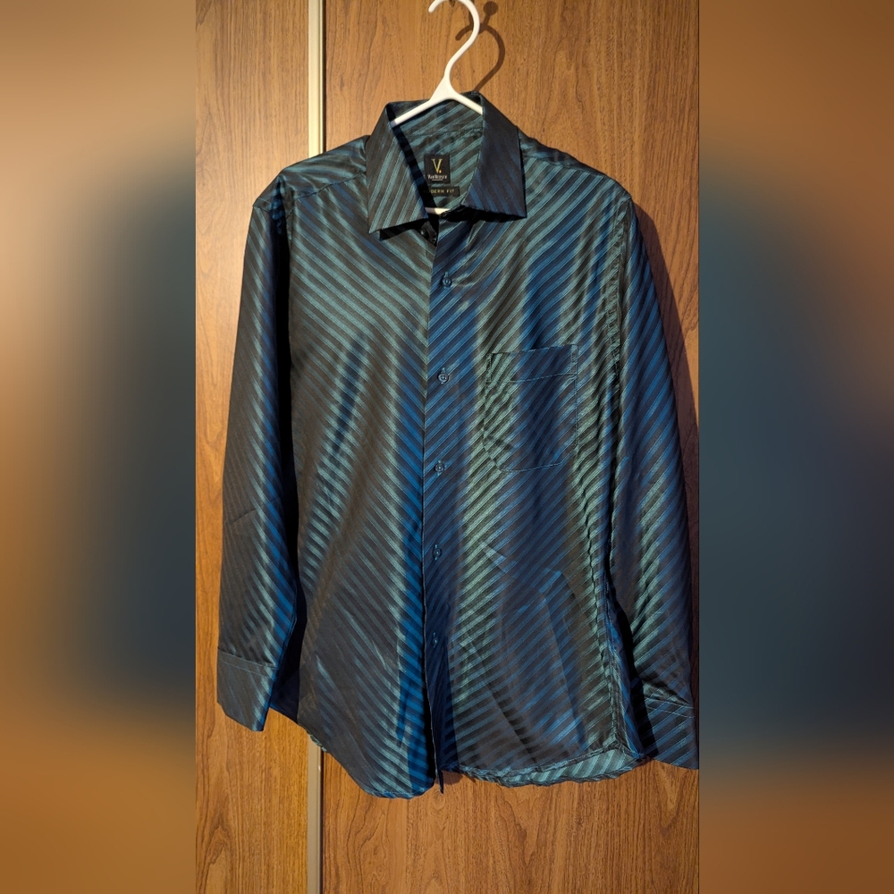 Van Heusen Black and Blue Striped Dress Shirt, Collar Size 16.5 Inches